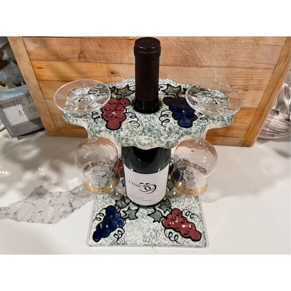 Sip & Serve Wine Set Bottle Caddy Wine Butler Cheese Cracker Plate Stoneware - Picture 2 of 7